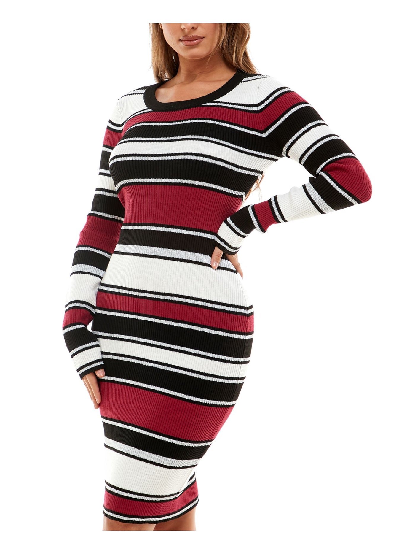 PLANET GOLD Womens Black Knit Metallic Ribbed Pullover Striped Long Sleeve Scoop Neck Midi Wear To Work Body Con Dress Juniors XS