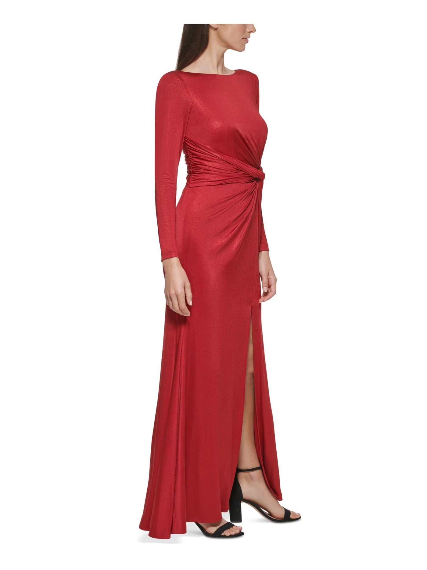 VINCE CAMUTO Womens Red Metallic Gathered Zippered Slitted Long Sleeve Boat Neck Full-Length Evening Gown Dress 14P