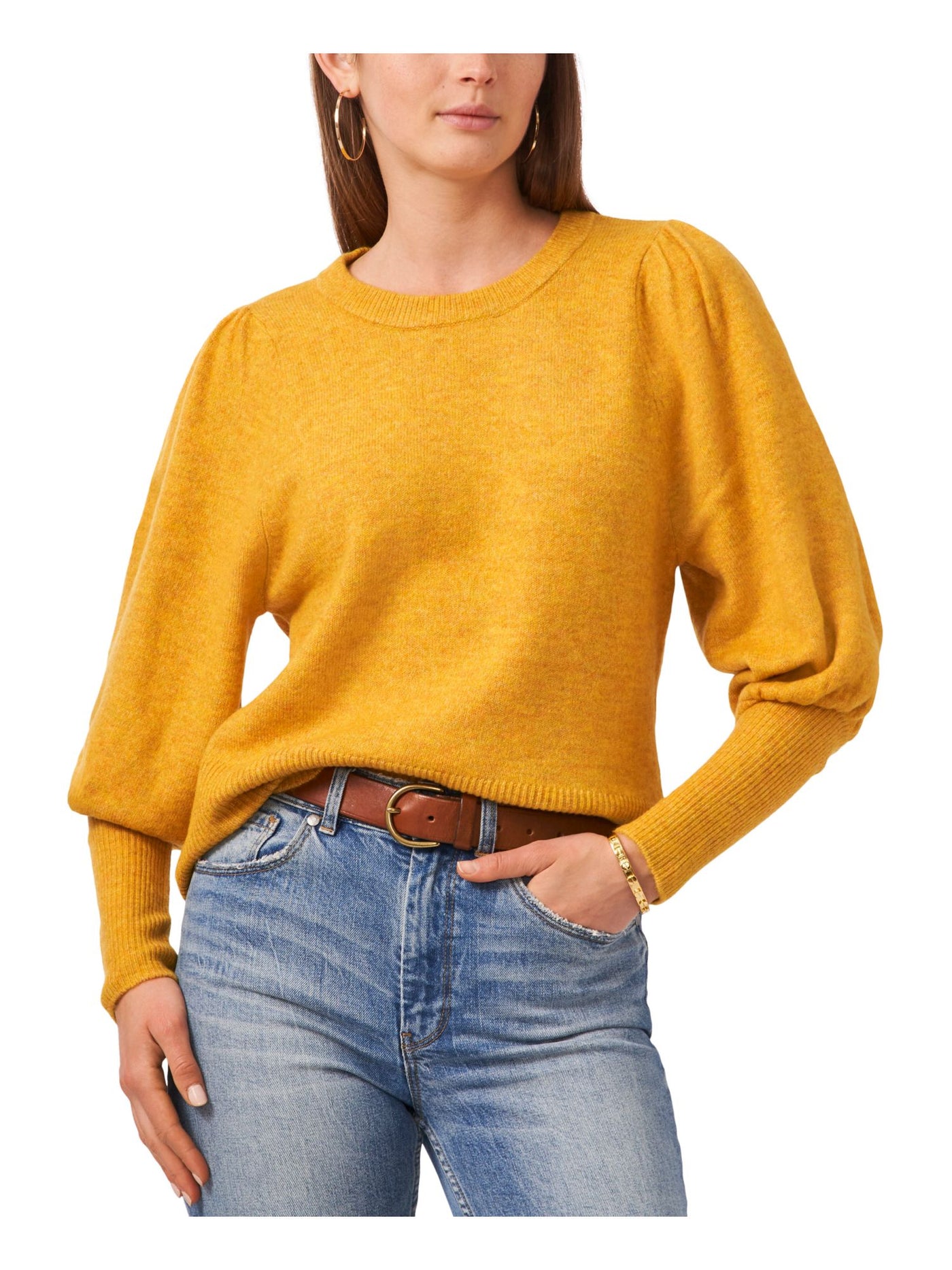 VINCE CAMUTO Womens Gold Ribbed Balloon Sleeve Crew Neck Wear To Work Sweater L