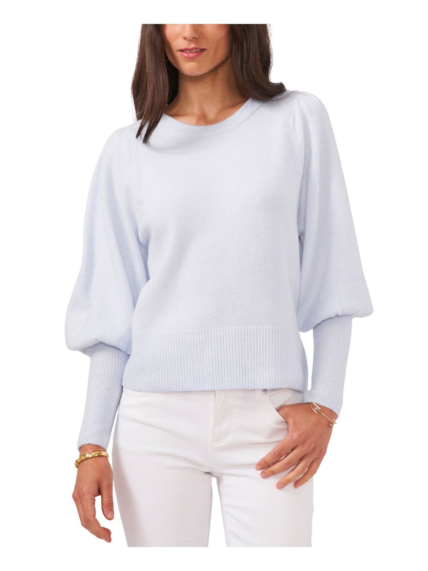 VINCE CAMUTO Womens Light Blue Ribbed Pleated Balloon Sleeve Crew Neck Sweater L
