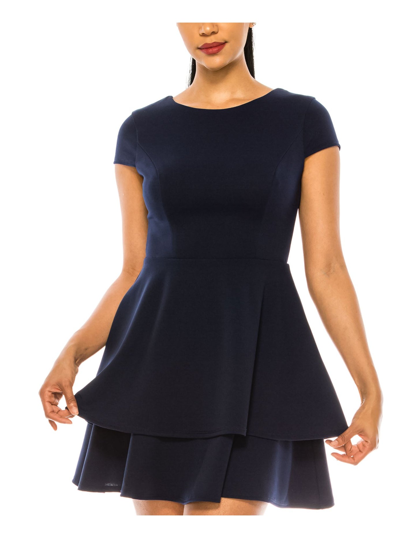 B DARLIN Womens Navy Stretch Zippered Fitted Back-tie Cap Sleeve Round Neck Short Party Fit + Flare Dress 13\14