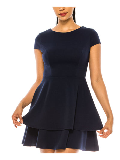 B DARLIN Womens Navy Stretch Zippered Fitted Back-tie Cap Sleeve Round Neck Short Party Fit + Flare Dress Juniors 13\14