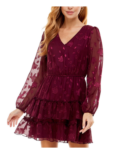 CITY STUDIO Womens Burgundy Lace Tie Waist Keyhole Back Closure Floral Balloon Sleeve V Neck Short Party Ruffled Dress L