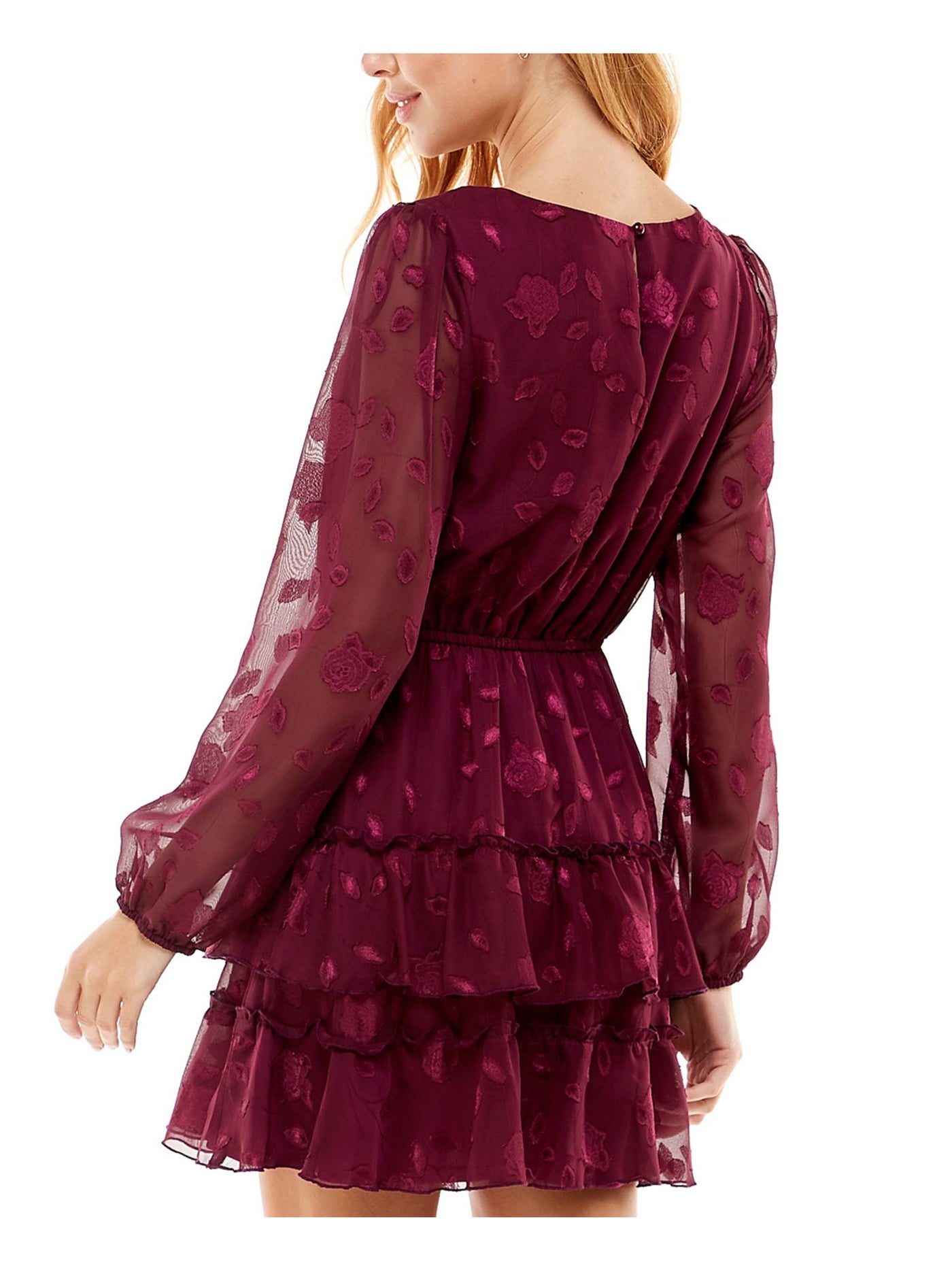 CITY STUDIO Womens Burgundy Lace Tie Waist Keyhole Back Closure Floral Balloon Sleeve V Neck Short Party Ruffled Dress L