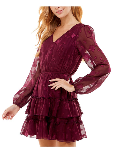 CITY STUDIO Womens Burgundy Lace Tie Waist Keyhole Back Closure Floral Balloon Sleeve V Neck Short Party Ruffled Dress L