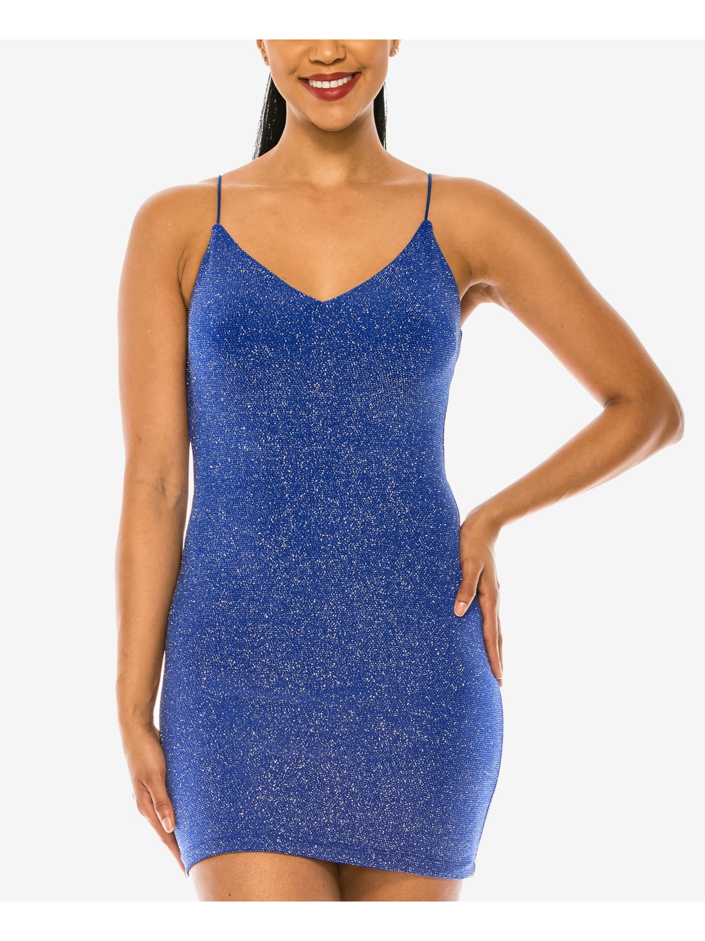 B DARLIN Womens Blue Zippered Lined Spaghetti Strap V Neck Short Party Body Con Dress Juniors 9\10