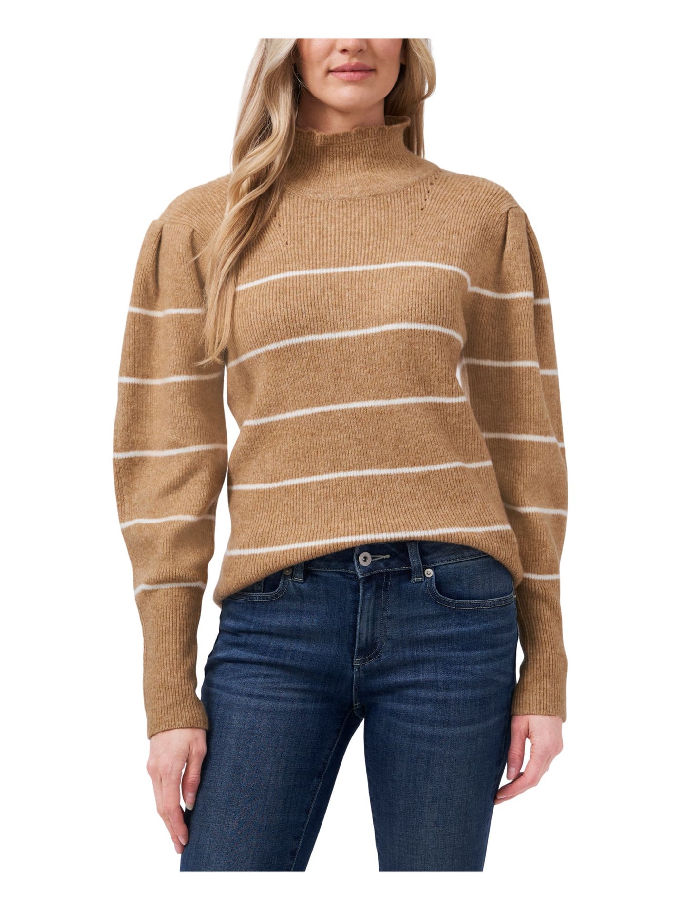CECE Womens Brown Ribbed Striped Long Sleeve Mock Neck Sweater S