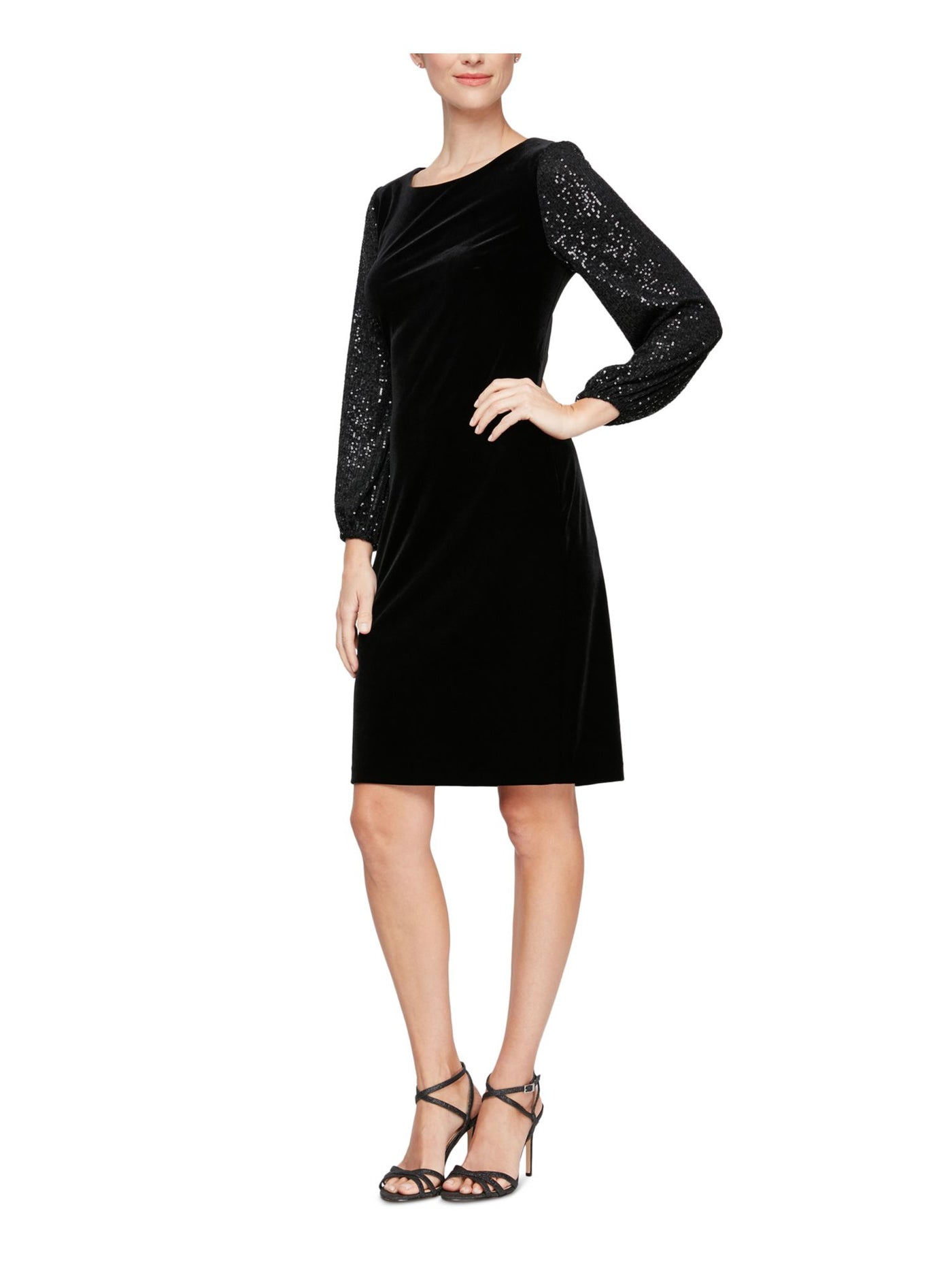 ALEX EVENINGS Womens Black Stretch Sequined Zippered Elastic Cuffs Blouson Sleeve Scoop Neck Above The Knee Party Sheath Dress 6