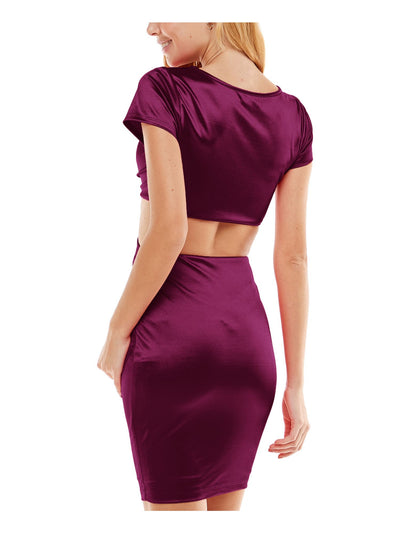 CITY STUDIO Womens Purple Cut Out Gathered Satin Plunge Pullover Style Short Sleeve V Neck Above The Knee Party Body Con Dress L