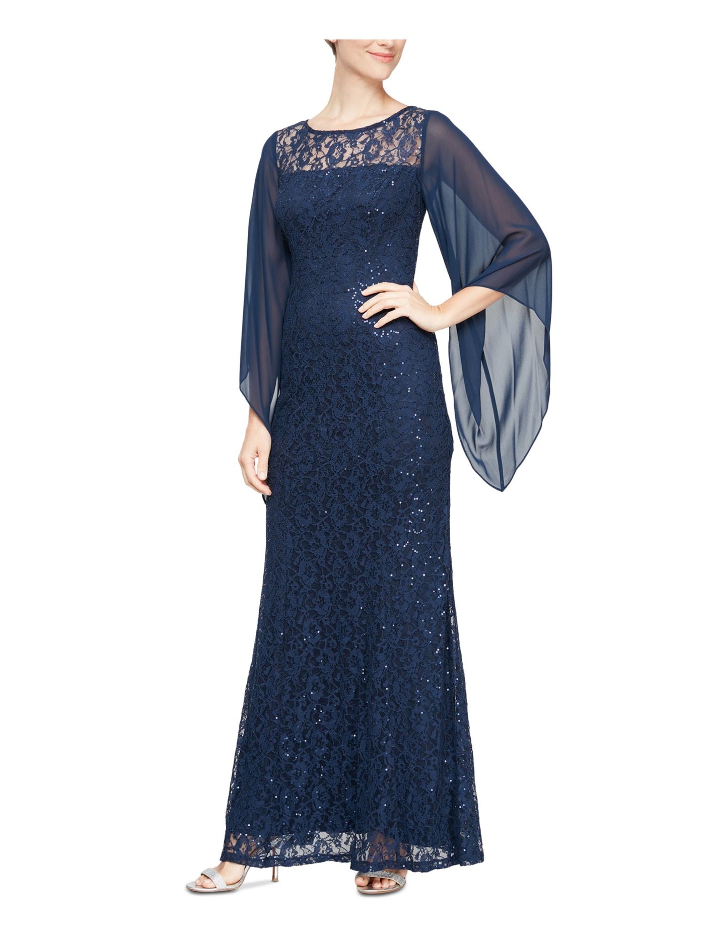SLNY Womens Navy Sequined Zippered Keyhole Back Lined Sheer Long Sleeve Illusion Neckline Full-Length Evening Gown Dress 8