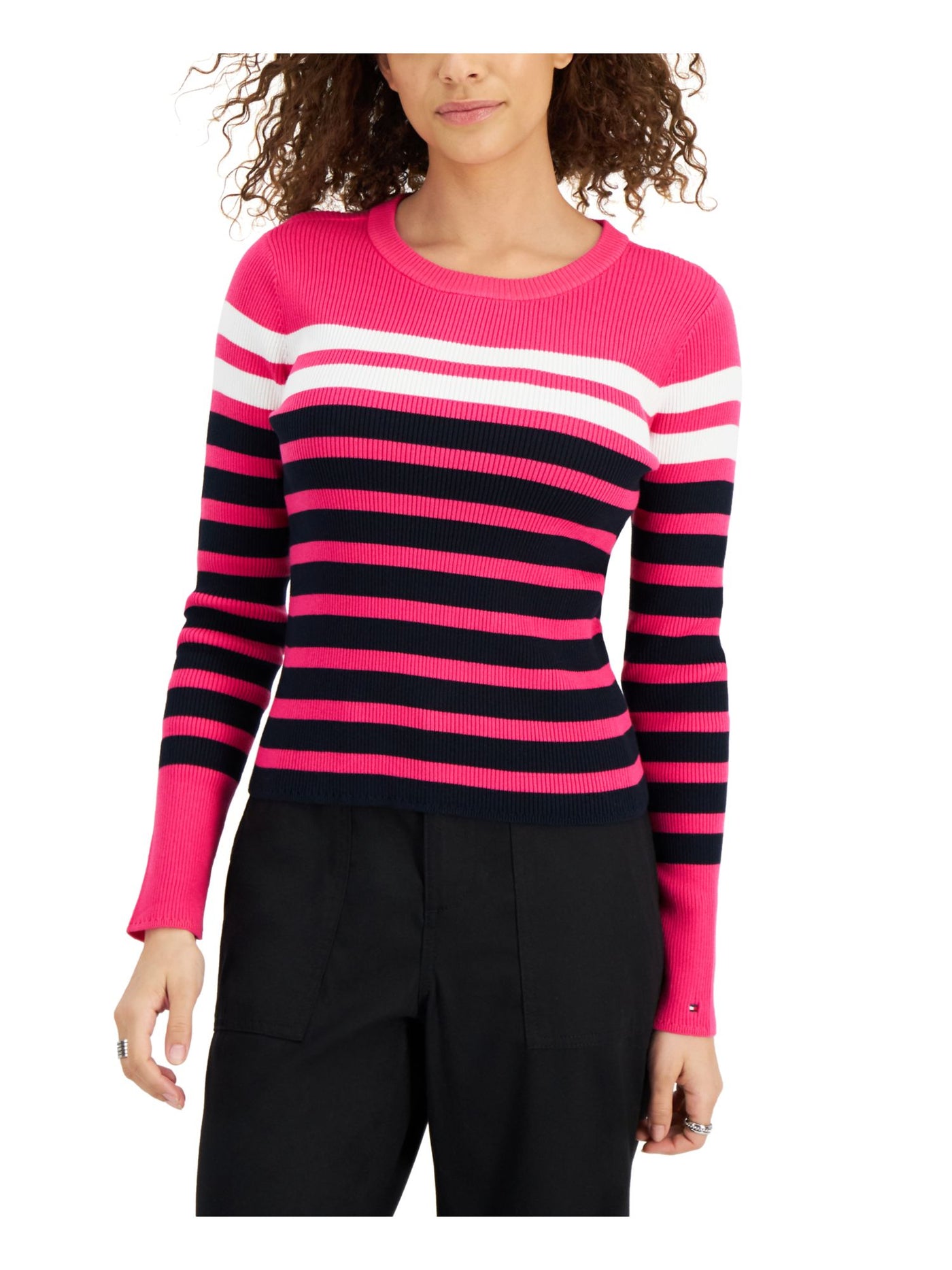 TOMMY HILFIGER Womens Pink Ribbed Pullover Striped Long Sleeve Round Neck Sweater XXL