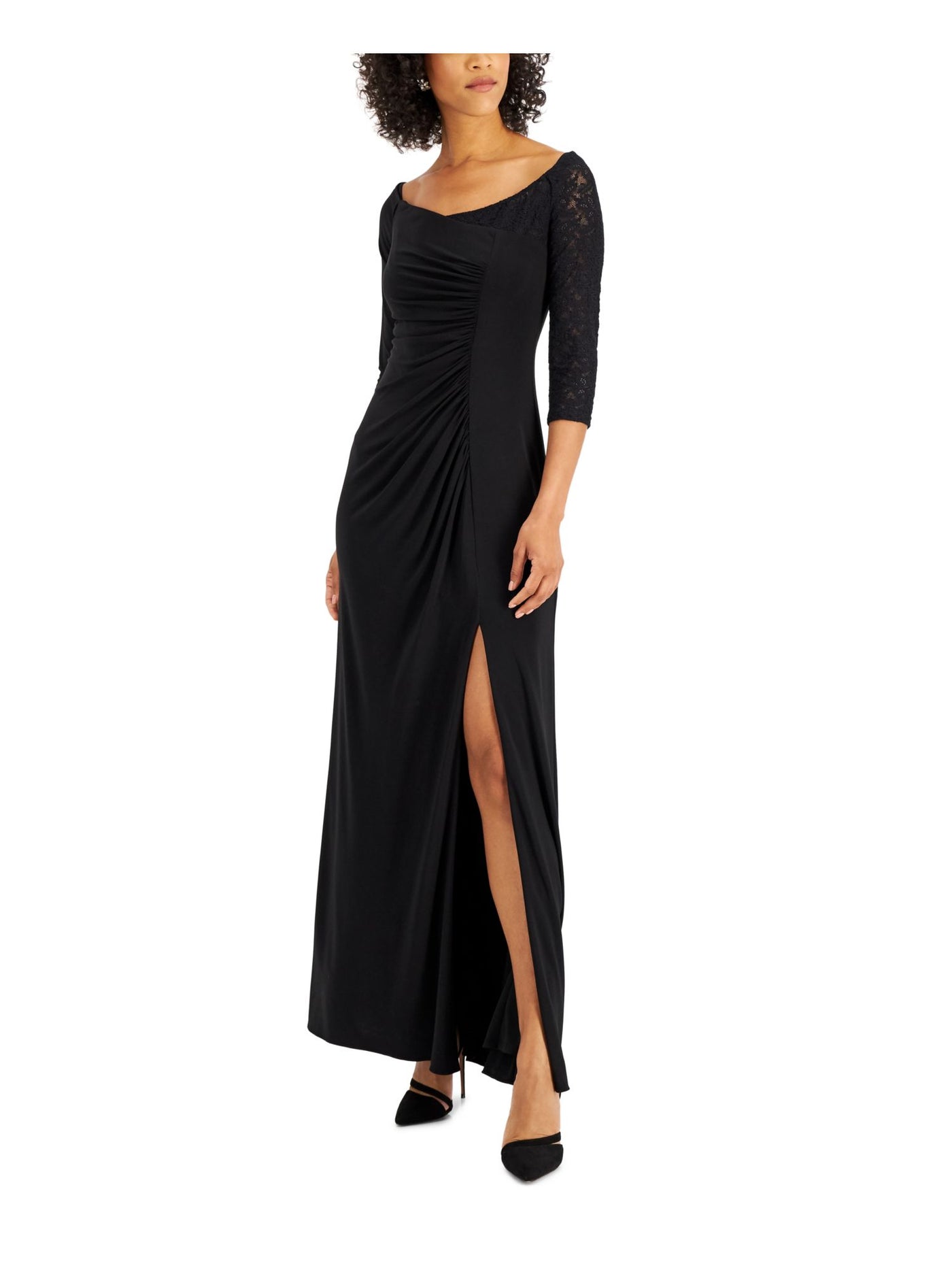 ADRIANNA PAPELL Womens Black Slitted Lace Zippered Lined 3/4 Sleeve Scoop Neck Full-Length Evening Gown Dress 10