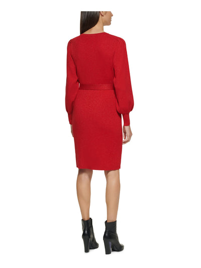 CALVIN KLEIN Womens Red Knit Metallic Ribbed Belted Long Sleeve Round Neck Above The Knee Party Sweater Dress S