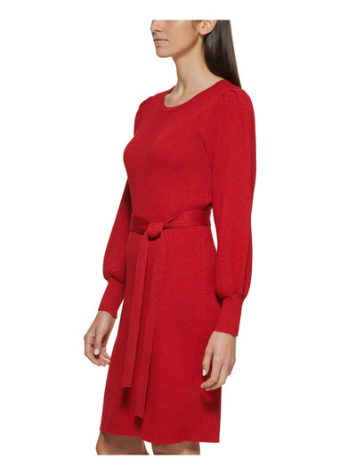 CALVIN KLEIN Womens Red Knit Metallic Ribbed Belted Long Sleeve Round Neck Above The Knee Party Sweater Dress S