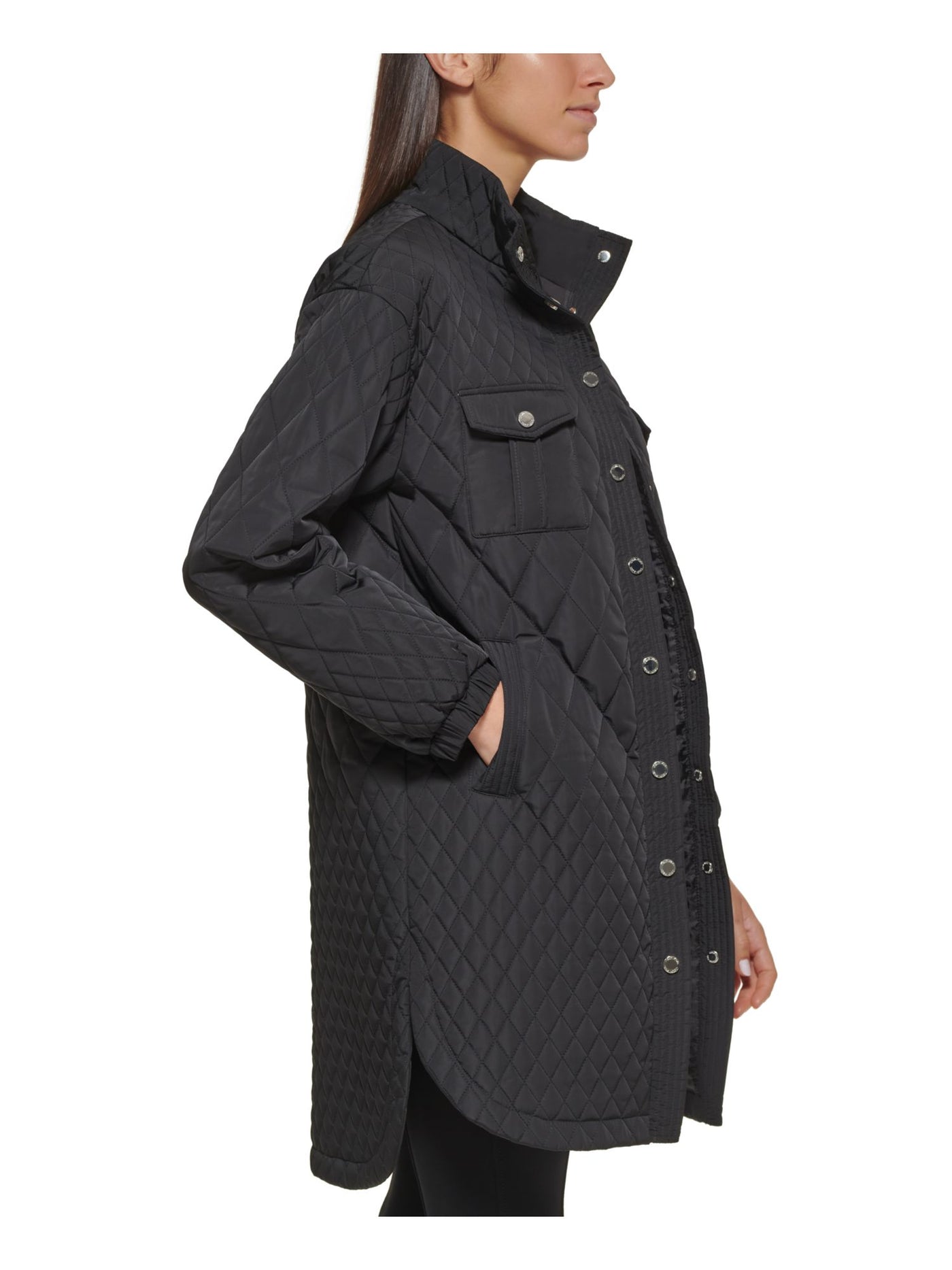 CALVIN KLEIN Womens Black Pocketed Snap Front Curved Hem Lined Quilted Jacket L