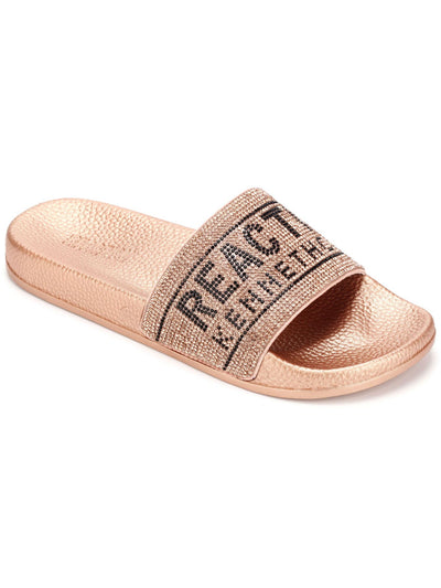 REACTION KENNETH COLE Womens Gold Logo Rhinestone Comfort Screen Jewel Round Toe Slip On Slide Sandals Shoes 8
