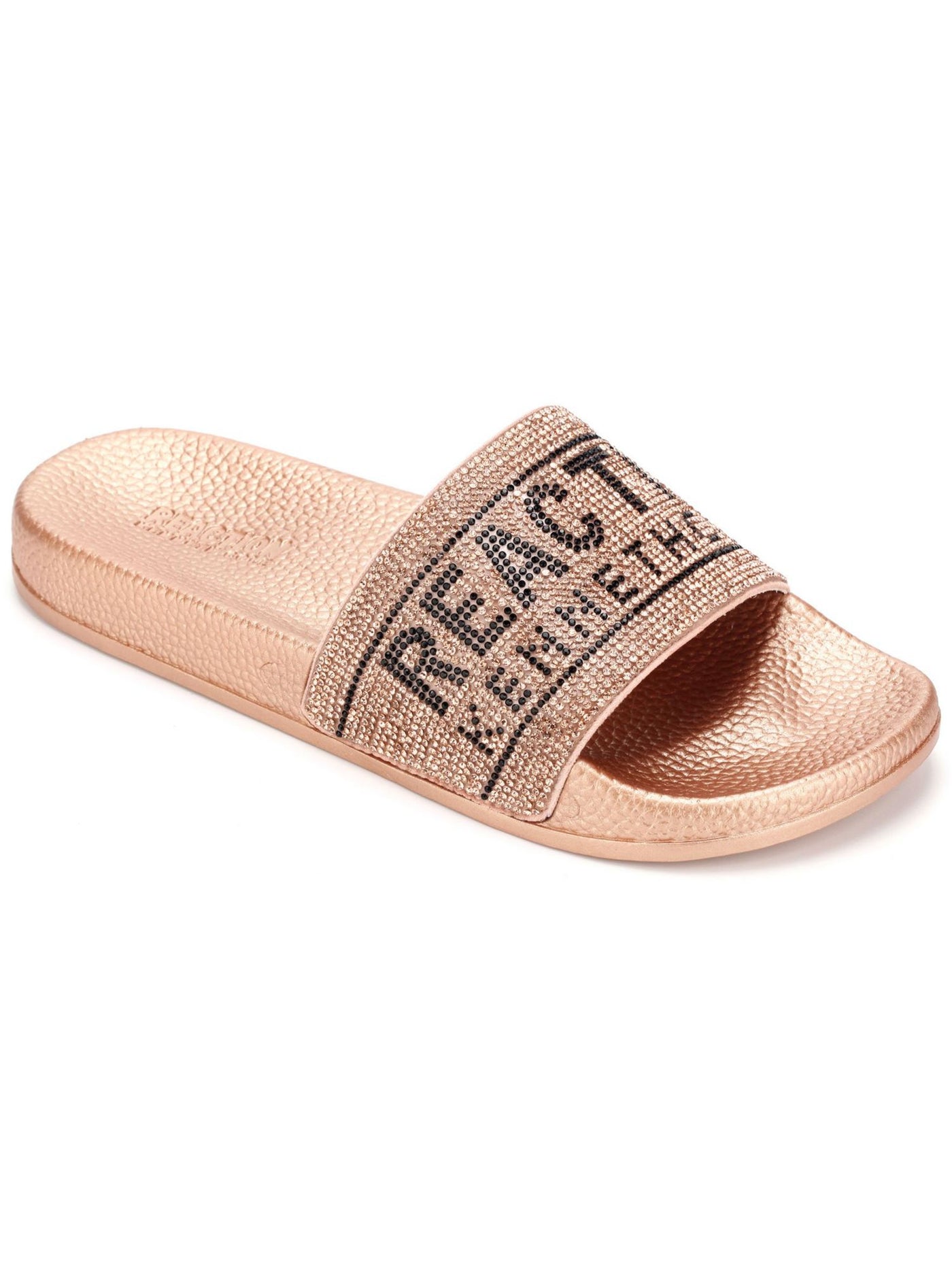 REACTION KENNETH COLE Womens Gold Logo Rhinestone Comfort Screen Jewel Round Toe Slip On Slide Sandals Shoes 9