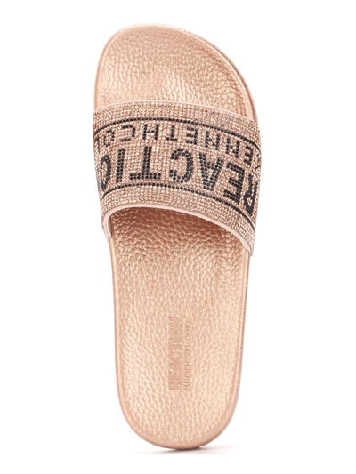 REACTION KENNETH COLE Womens Gold Logo Rhinestone Comfort Screen Jewel Round Toe Slip On Slide Sandals Shoes 10 M