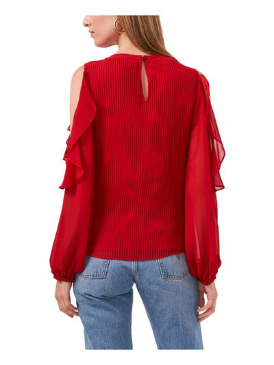 1. STATE Womens Red Cold Shoulder Sheer Ruffled Accordion Pleat Lined Long Sleeve Jewel Neck Wear To Work Blouse S