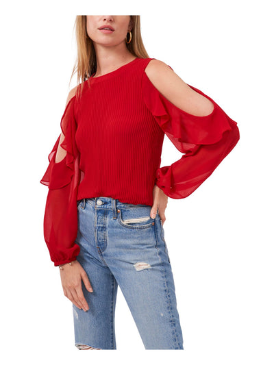 1. STATE Womens Red Cold Shoulder Sheer Ruffled Accordion Pleat Lined Long Sleeve Jewel Neck Wear To Work Blouse S