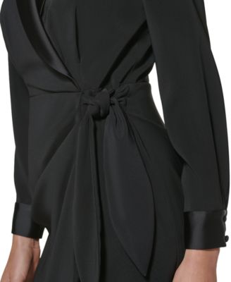 VINCE CAMUTO Womens Black Zippered Tie Pleated Satin Crepe Cuffed Sleeve Surplice Neckline Short Formal Faux Wrap Dress Petites 2P