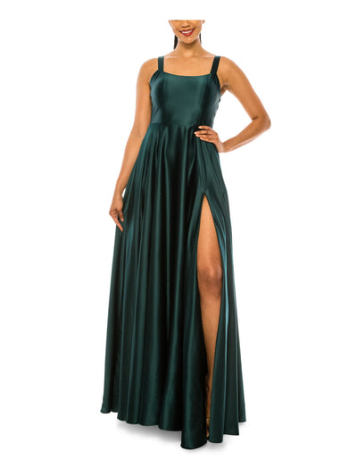B DARLIN Womens Green Slitted Adjustable Lined Zippered Sleeveless Square Neck Maxi Prom Gown Dress Juniors 5\6