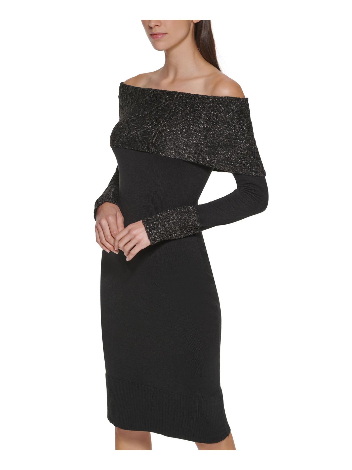 VINCE CAMUTO Womens Black Fitted Unlined Pullover Tie Belt Long Sleeve Off Shoulder Below The Knee Evening Sweater Dress M