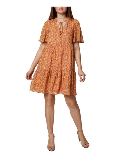 BCBGENERATION Womens Orange Pleated Ruffled Tie Button Front Lined Printed Flutter Sleeve V Neck Short Shift Dress Juniors 2