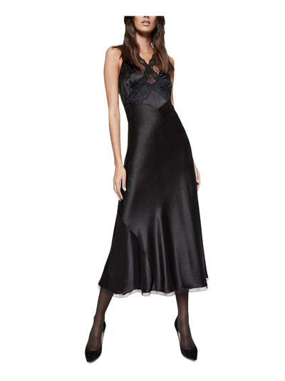 BARDOT Womens Black Zippered Lace Trim Lined Sleeveless V Neck Midi Evening Fit + Flare Dress 2