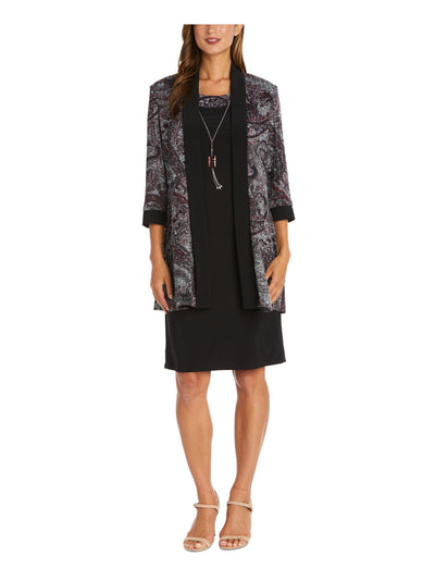 R&M RICHARDS Womens Black Open Front 3/4 Sleeve Printed Wear To Work Duster Jacket 8