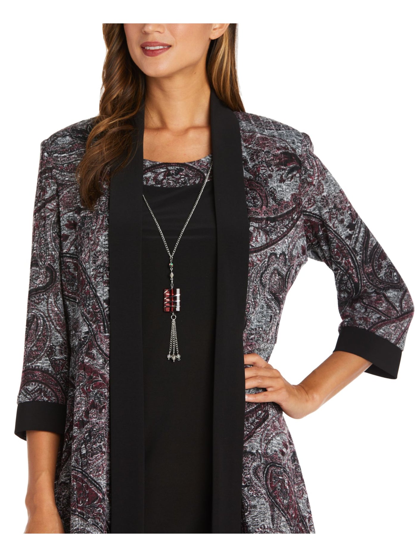 R&M RICHARDS Womens Black Open Front 3/4 Sleeve Printed Wear To Work Duster Jacket 8