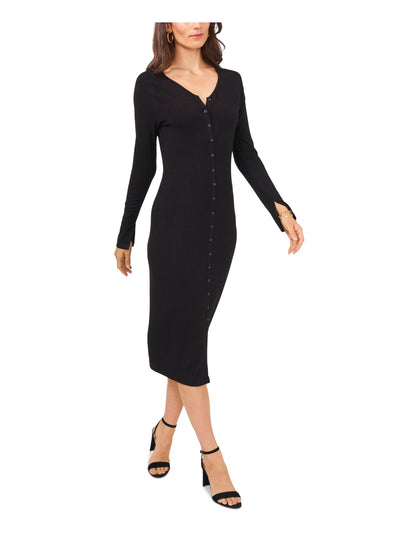 MSK Womens Black Ribbed Slitted Button Down Front Long Sleeve V Neck Midi Wear To Work Sheath Dress M