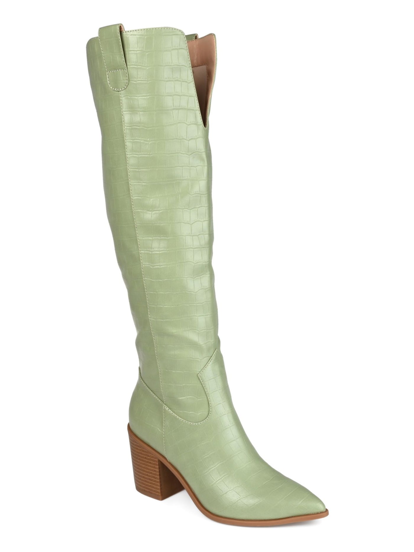 JOURNEE COLLECTION Womens Green Solid Croc Ankle Zip Dual Pull-Tabs Wide Calf Cushioned Cut Out Therese Pointed Toe Stacked Heel Dress Western Boot 10 WC