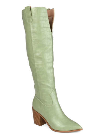 JOURNEE COLLECTION Womens Green Solid Croc Ankle Zip Dual Pull-Tabs Wide Calf Cushioned Cut Out Therese Pointed Toe Stacked Heel Dress Western Boot 10 WC