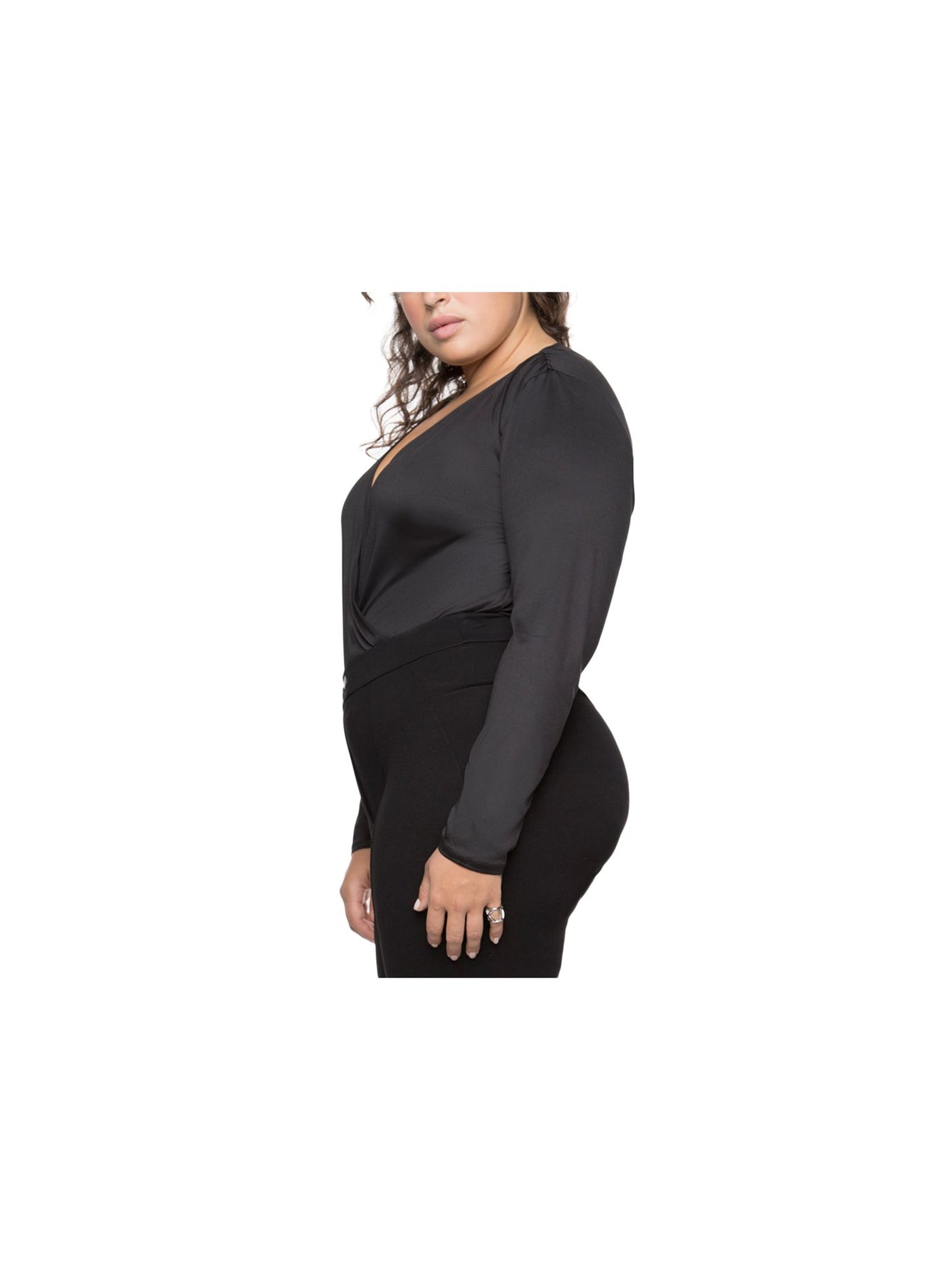 BLACK TAPE Womens Black Stretch Sheer Faux Wrap Style Long Sleeve Body Suit Top Plus 2X