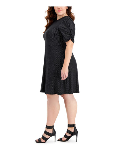 MICHAEL KORS Womens Black Zippered Metallic Polka Dot Pouf Sleeve Round Neck Above The Knee Fit + Flare Dress Plus 3X