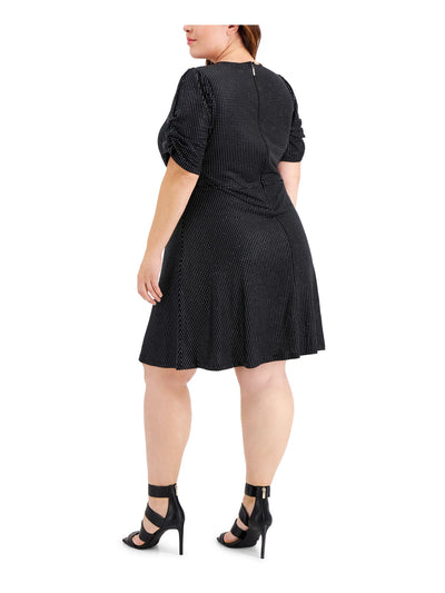 MICHAEL KORS Womens Black Zippered Metallic Polka Dot Pouf Sleeve Round Neck Above The Knee Fit + Flare Dress Plus 3X