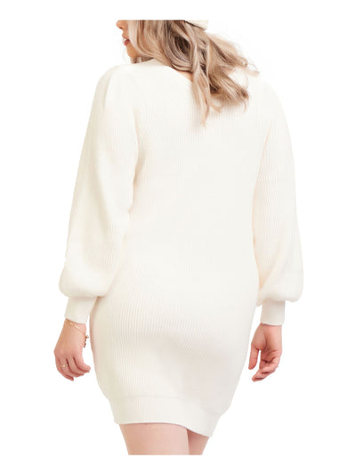 BLACK TAPE Womens Ivory Knit Ribbed Blouson Sleeve V Neck Above The Knee Sweater Dress Plus 2X