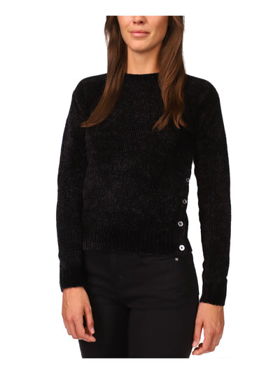 MICHAEL KORS Womens Black Ribbed Side Button Detail Long Sleeve Crew Neck Sweater Petites PL