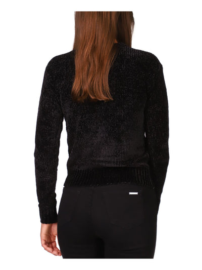 MICHAEL KORS Womens Black Ribbed Side Button Detail Long Sleeve Crew Neck Sweater Petites PL