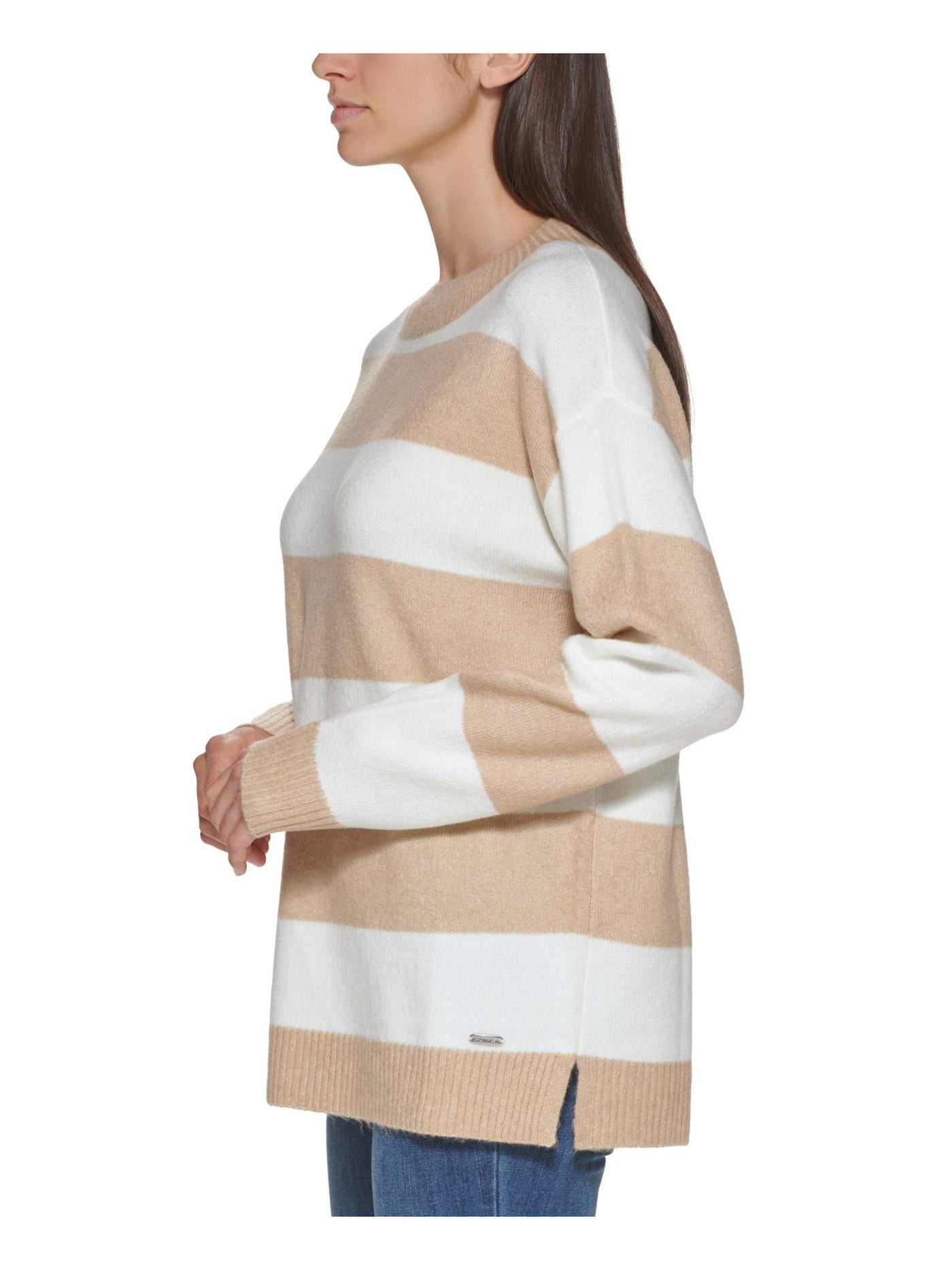 CALVIN KLEIN Womens Beige Ribbed Pullover Drop Shoulders Striped Long Sleeve Crew Neck Sweater L