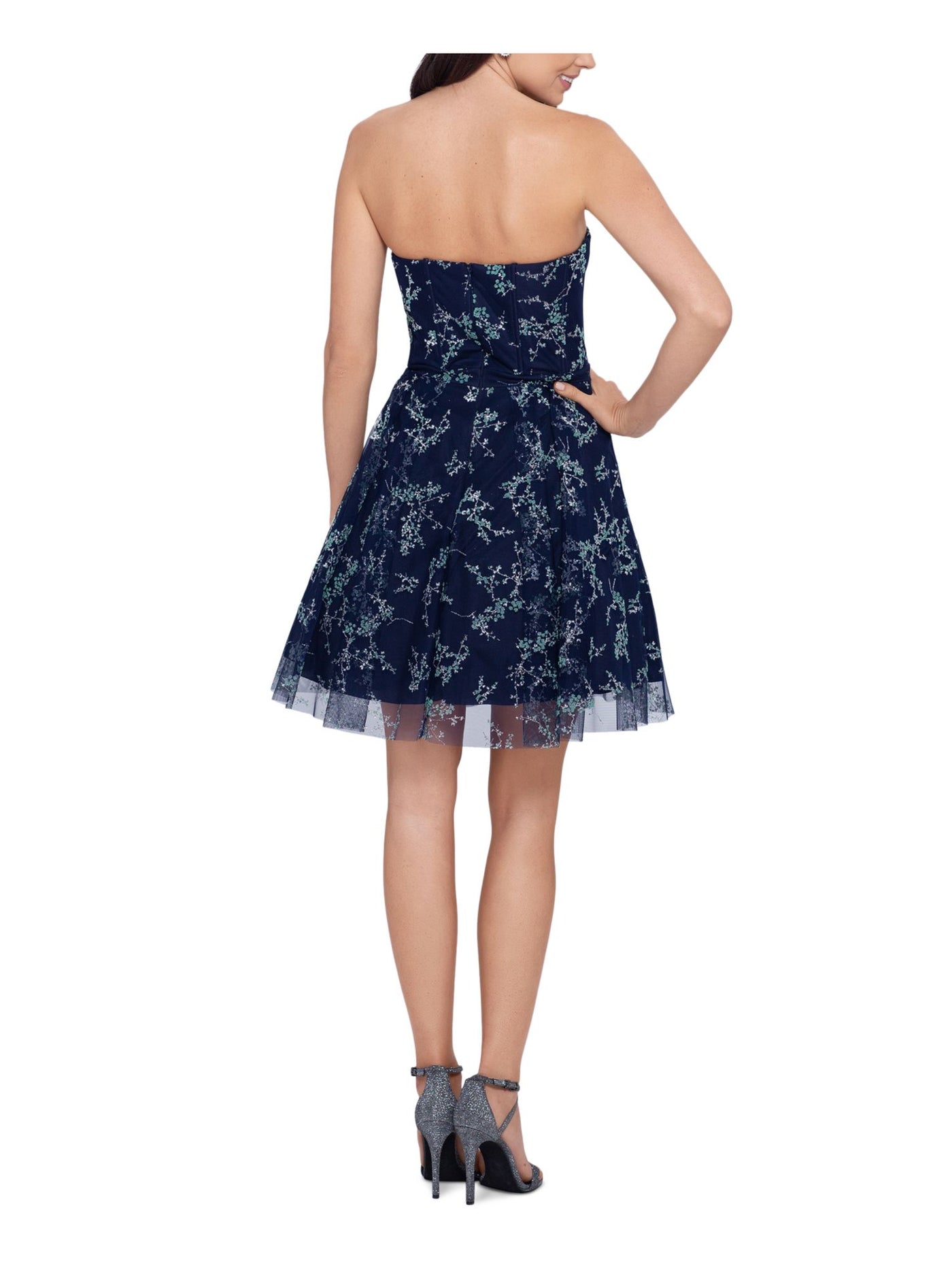 BLONDIE NITES Womens Navy Floral Sleeveless Sweetheart Neckline Short Formal Fit + Flare Dress 13