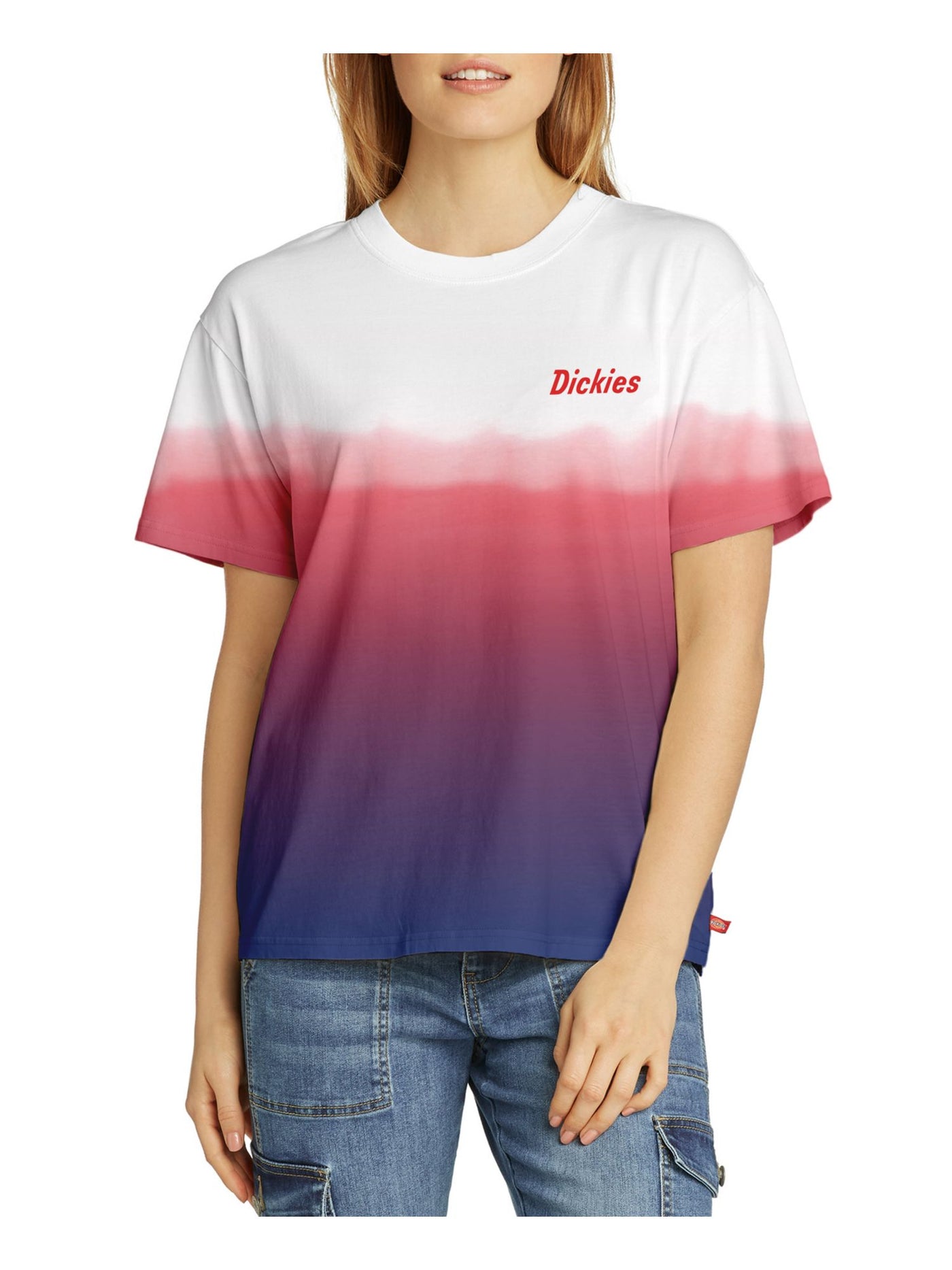 DICKIES Womens Red Ombre Short Sleeve Crew Neck T-Shirt Juniors XS