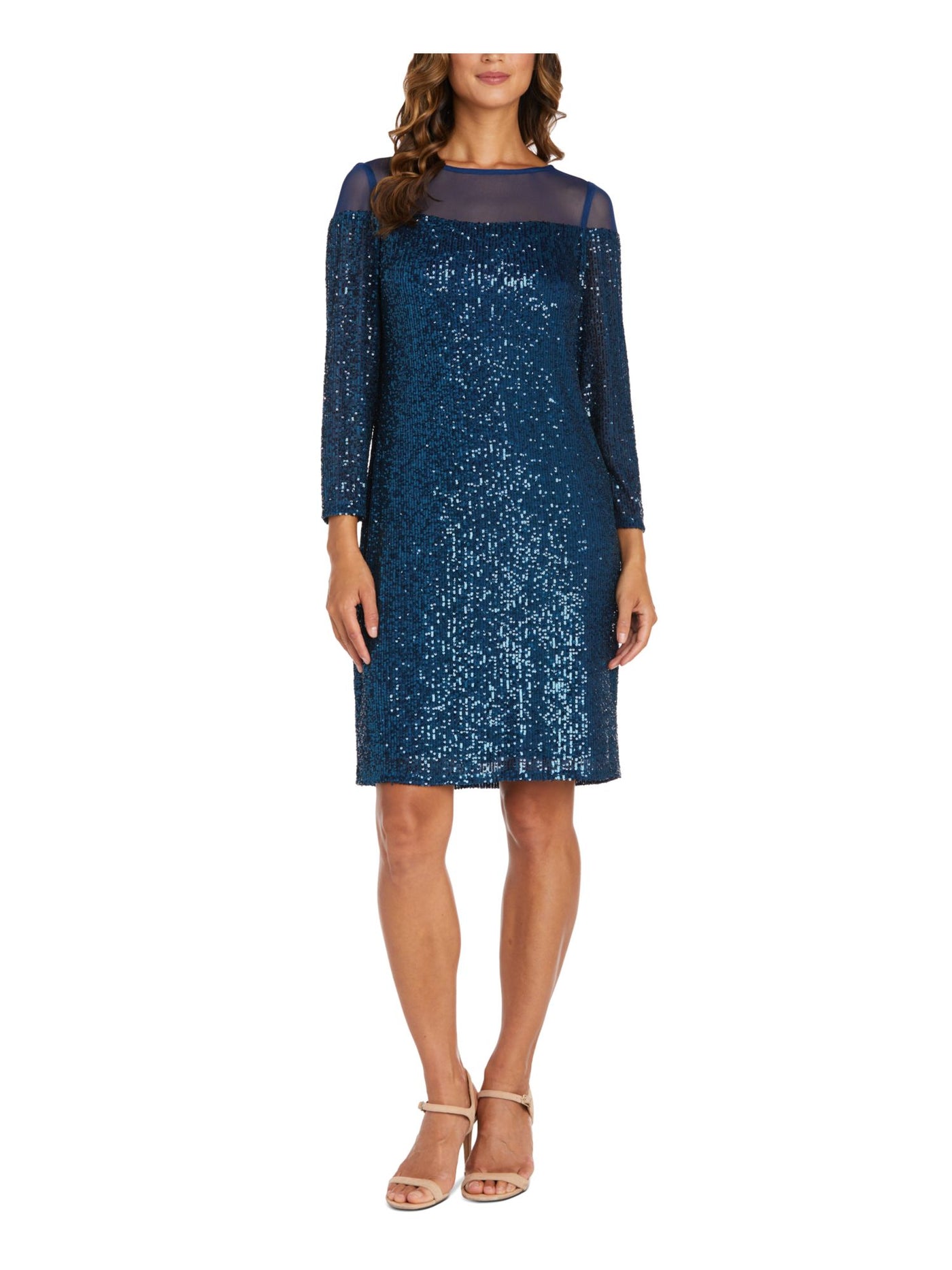 R&M RICHARDS Womens Navy Stretch Sequined Keyhole Back Lined Long Sleeve Illusion Neckline Above The Knee Party Sheath Dress Petites 8P