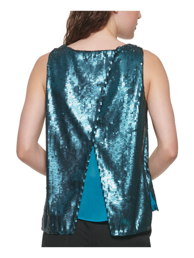DKNY Womens Teal Sequined Textured Cross Back Vented Side Hems Line Sleeveless Scoop Neck Party Tank Top M