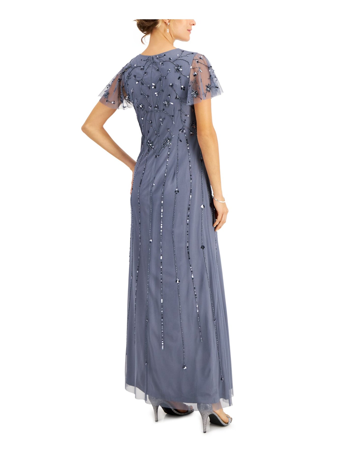 PAPELL STUDIO Womens Light Blue Embellished Zippered Lined Flutter Sleeve Round Neck Full-Length Formal Gown Dress 8