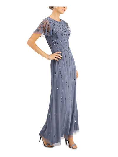 PAPELL STUDIO Womens Light Blue Embellished Zippered Lined Flutter Sleeve Round Neck Full-Length Formal Gown Dress 8