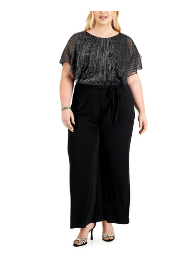 CONNECTED APPAREL Womens Black Stretch Flutter Sleeve Round Neck Wear To Work Wide Leg Jumpsuit Plus 14W