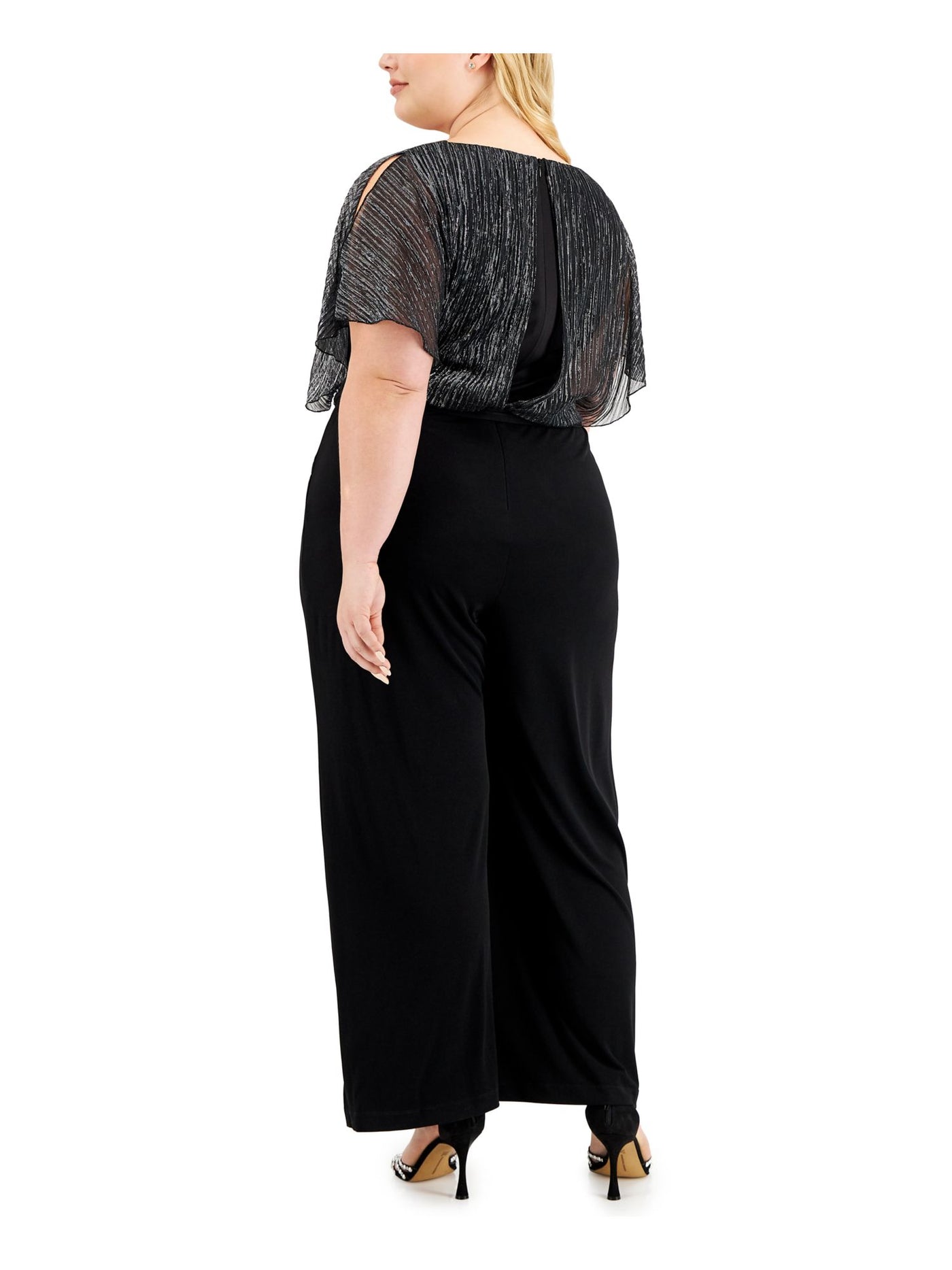 CONNECTED APPAREL Womens Black Stretch Flutter Sleeve Round Neck Wear To Work Wide Leg Jumpsuit Plus 20W