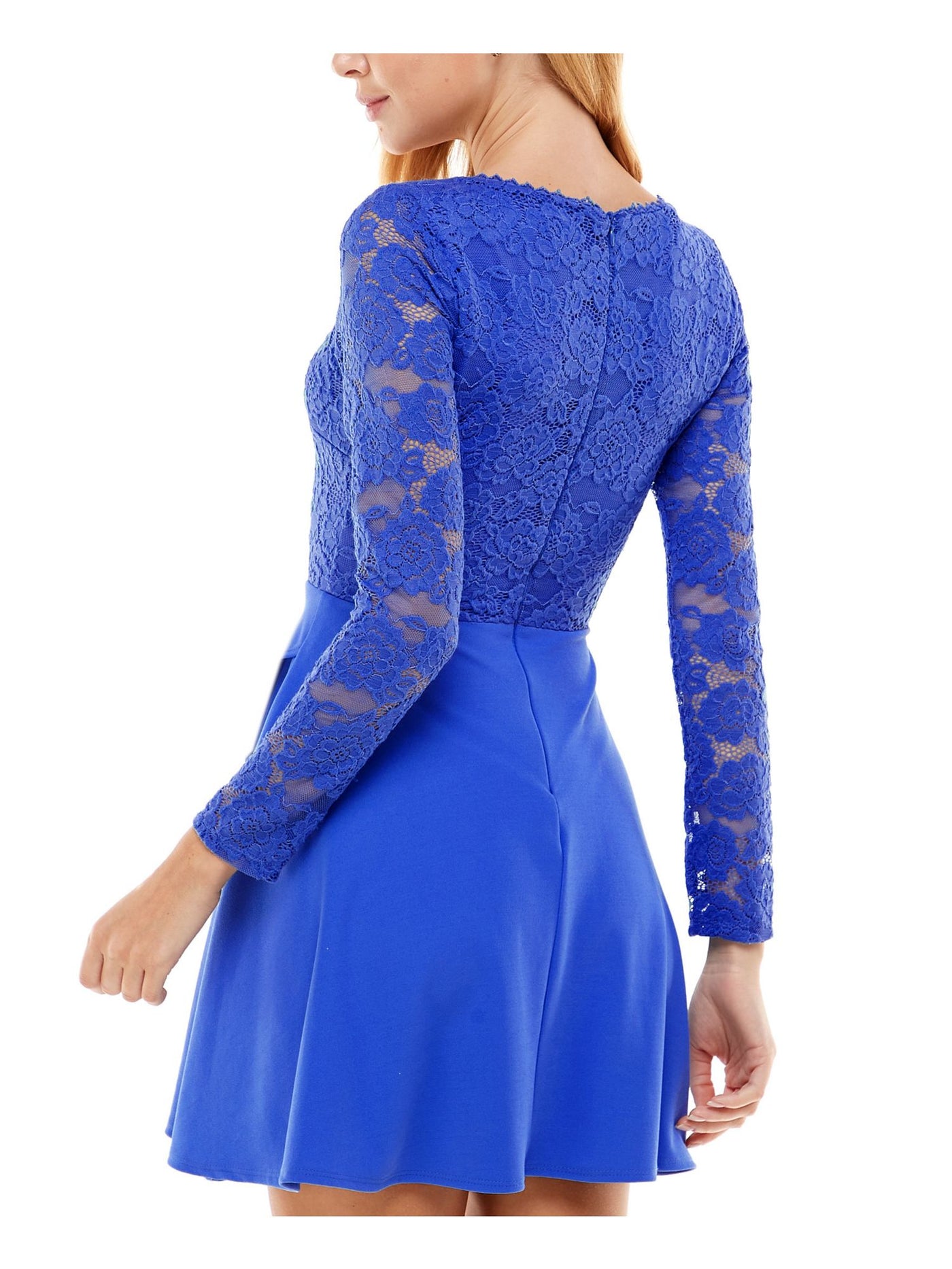 CITY STUDIO Womens Blue Stretch Lace Zippered Faux-wrap Skirt Lined Hook-and-e Floral Long Sleeve V Neck Mini Party Fit + Flare Dress Juniors 3
